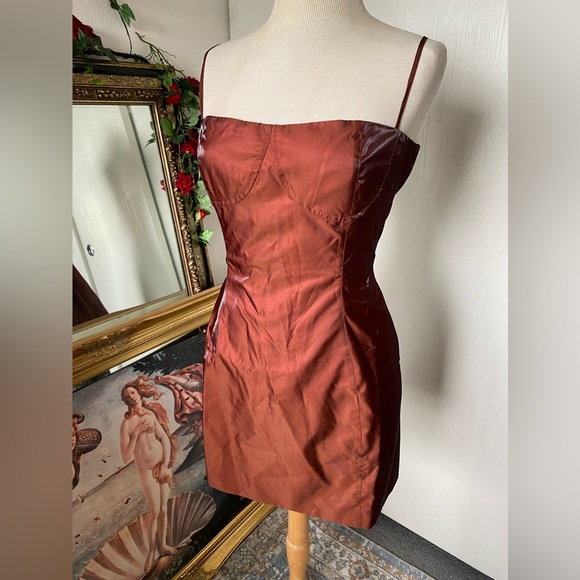 NWT Danielle Bernstein iridescent brown taffeta green shift bustier mini dress - Picture 8 of 12